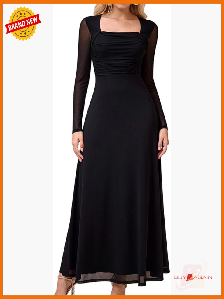 Long Sleeve Mesh A-Line Flowy Square Neck Ruched Maxi Cocktail Dress